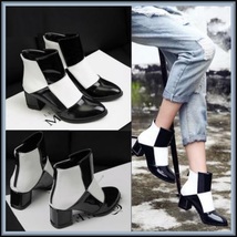 Retro Big Black and White Squares Patent Leather Zip Up Martin Heel Ankle Boots image 2