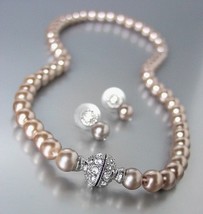 Designer Inspired Brown Pearls Magnetic Eternity Pave CZ Crystals Necklace Set - $23.50