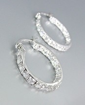 CLASSIC 18kt White Gold Plated OUTSIDE INSIDE CZ Crystals Petite Hoop Ea... - $21.99