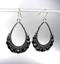 SPARKLE Antique Silver Black CZ Crystals Tear Drop Dangle Earrings - $12.99