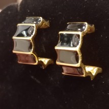 Napier Marked Gold Black Enamel Striped Half Hoop Earrings Women Gifts Vintage - $14.35