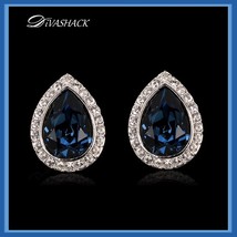 Austrian Blue Crystal Tear Rhinestone Earrings 925 Sterling Silver Stud Ear Ring