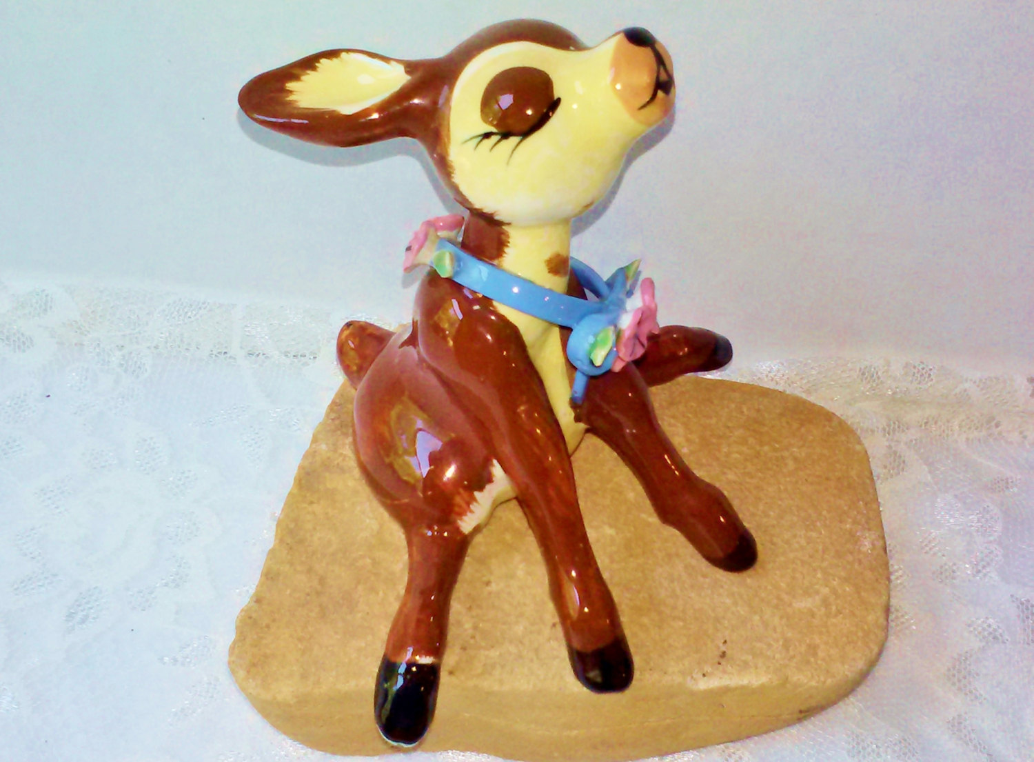 Napco Porcelain Figurine Bambi Fawn Baby Deer Figure Flowered Bow Vintage Sculptures Figurines