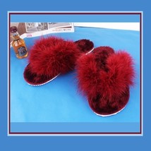 Soft Fuzzy Wine Ostrich Feather Sheepskin Thong Slippers