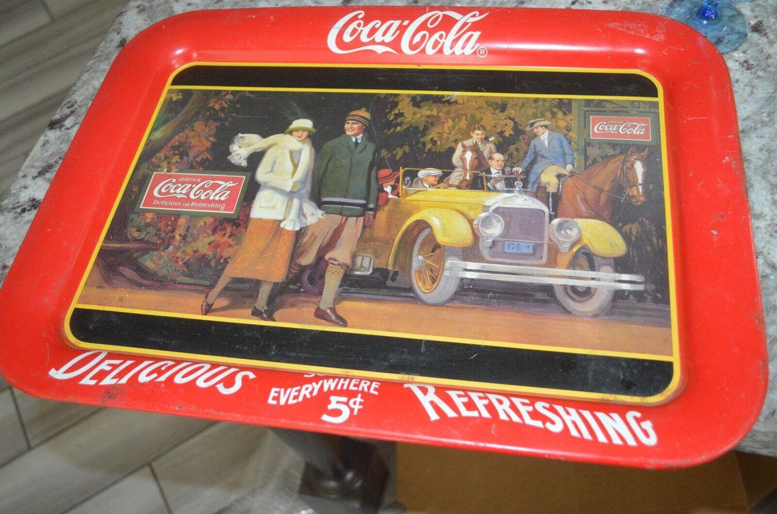 Primary image for Coca-Cola Serving TV Tray From 1987, With Touring Car & People from a 1924 Ad