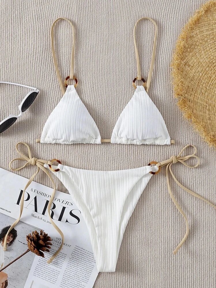 Bikini Set 2023 Cute White Ring Linked Triangle Tie Side Triangle Thong ...