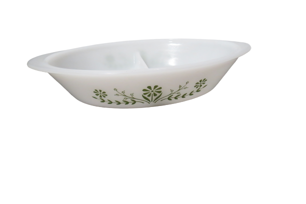 Glasbake Oval Divided Milk Glass Casserole Baking Dish Handles Green Daisy  Design