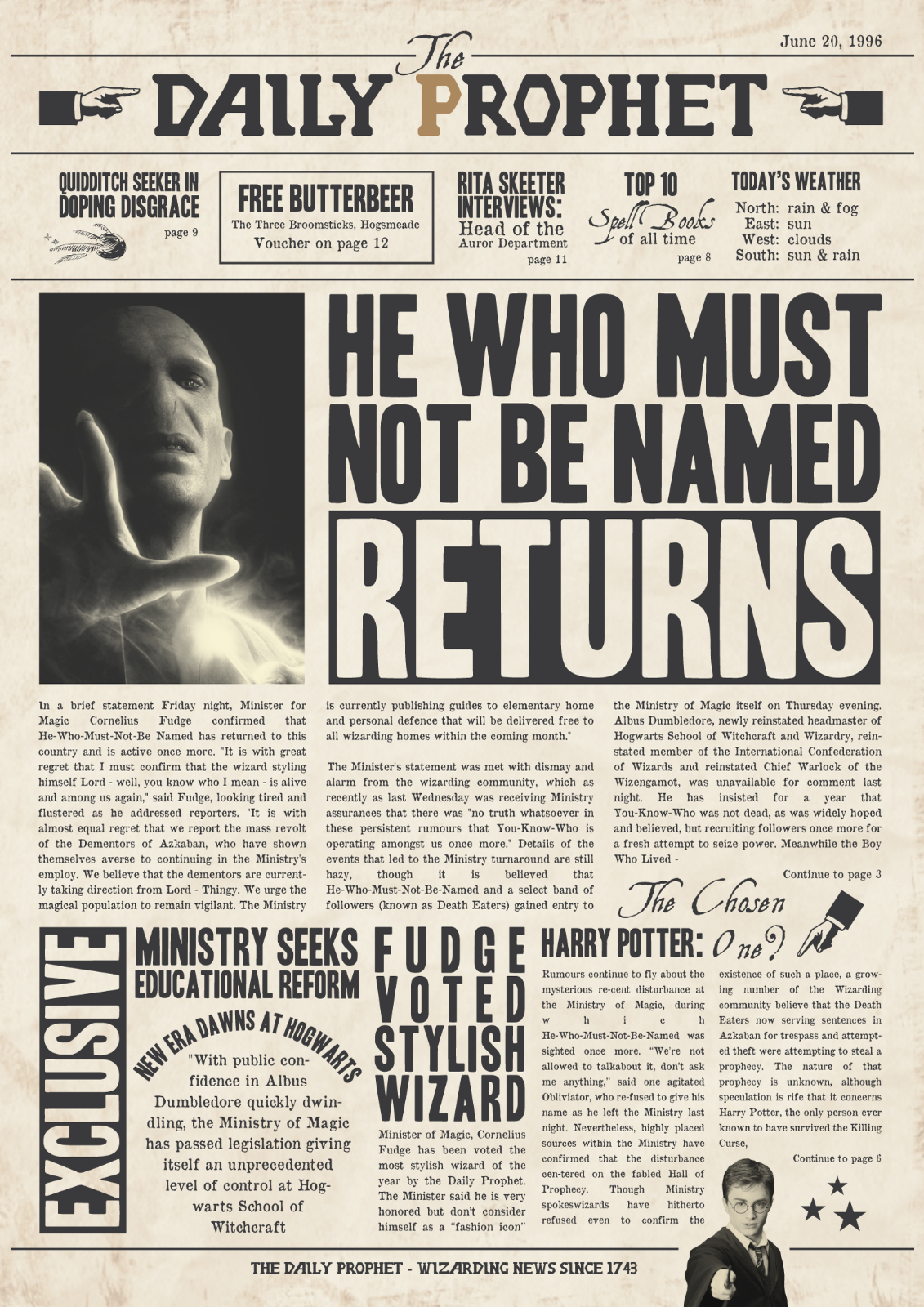 Harry Potter Daily Prophet Voldemort Movie Poster 11X17 Hogwarts Wizard ...