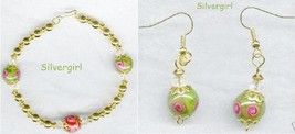 Floral Green Pink Red Lampwork Bracelet and Earring Set - $17.99