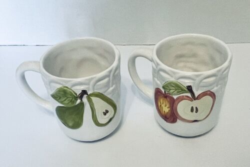 Sanor Ceramica Coffee Mugs White Basket Weave Raised Fruit Made in ...