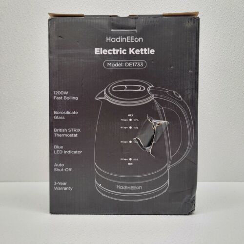 HadinEEon DE1733 Clear Black Borosilicate Glass 1200W Electric Water Kettle 1.7L Tea Kettles