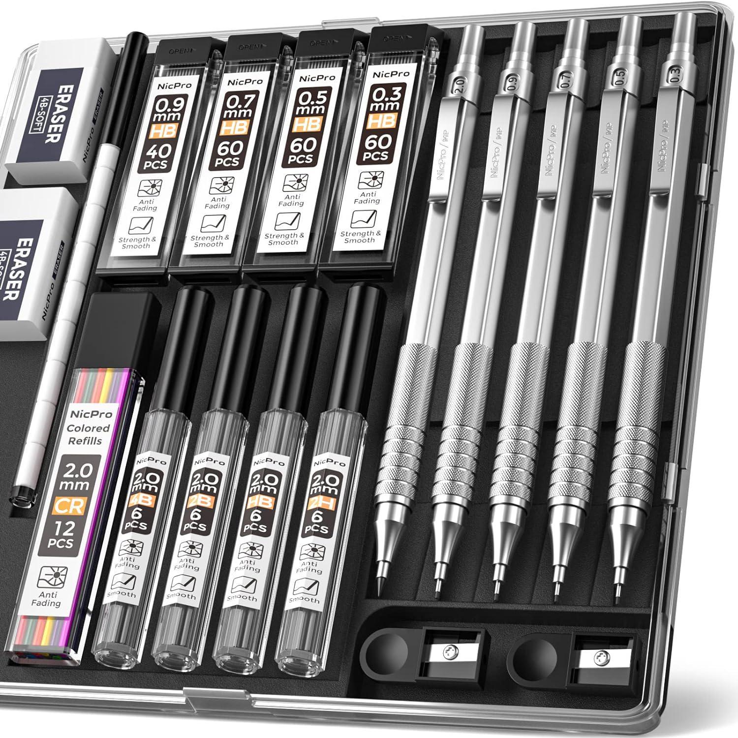Nicpro 17PCS Metal 2mm Mechanical Pencil Set in Leather Case, 2.0 mm L