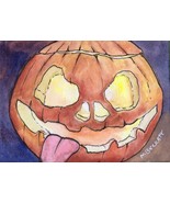 ACEO Original Painting Rude Jack O&#39;Lantern pumpkin cartoon Halloween tongue - $16.00