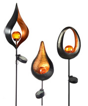 Flame Design Solar Garden Stakes Metal Black Orange Set of 3 - 36" High Fire image 1