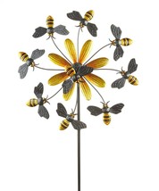 Bee Flower Wind Spinner Metal 54." High Double Pronged Garden Stake Black Yellow