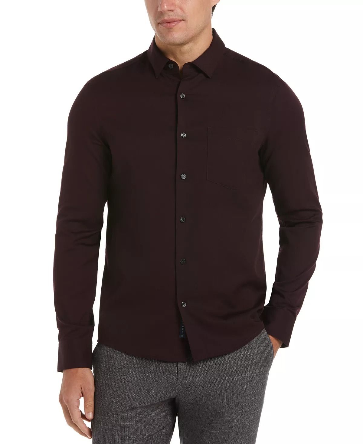 perry ellis port men's untucked slim-fit twill long-sleeve shirt, us small