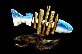 Beautiful Unique Blue Wooden Handmade Fish Drift Wood Art Table Top Sculpture - $24.69