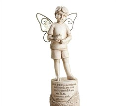 Memorial Boy Garden Statue 9" High Angel Wings and Sentiment Textural Detailing