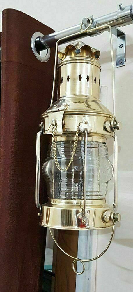 Vintage 14 Brass Anchor Oil Lamp w/ Clear Fresnel Lens - Ship Lantern -  Hanging Light - Nautical Decor