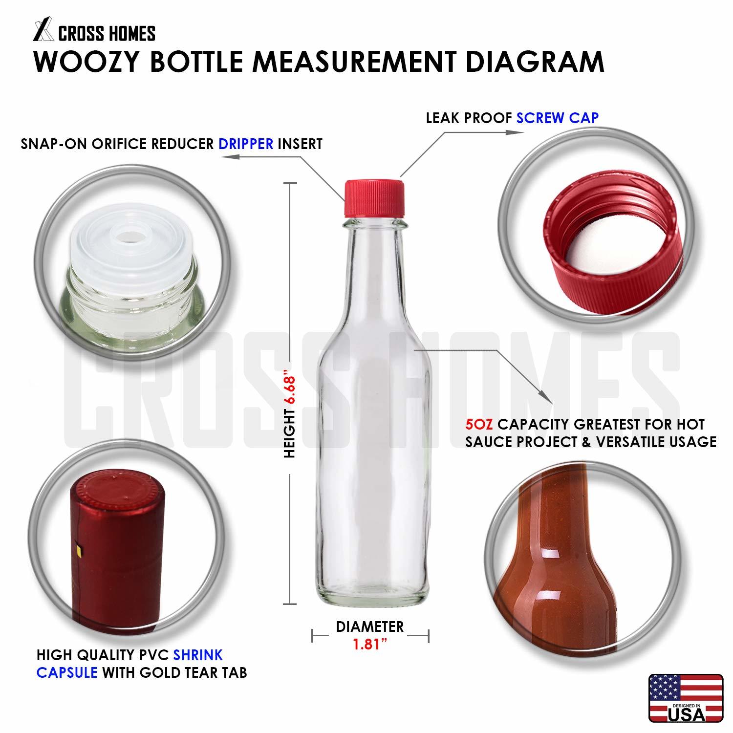 5 oz, Glass Woozy Hot Sauce Bottles - Case of 24 with Screw Caps, Inserts &  Shrink Capsules