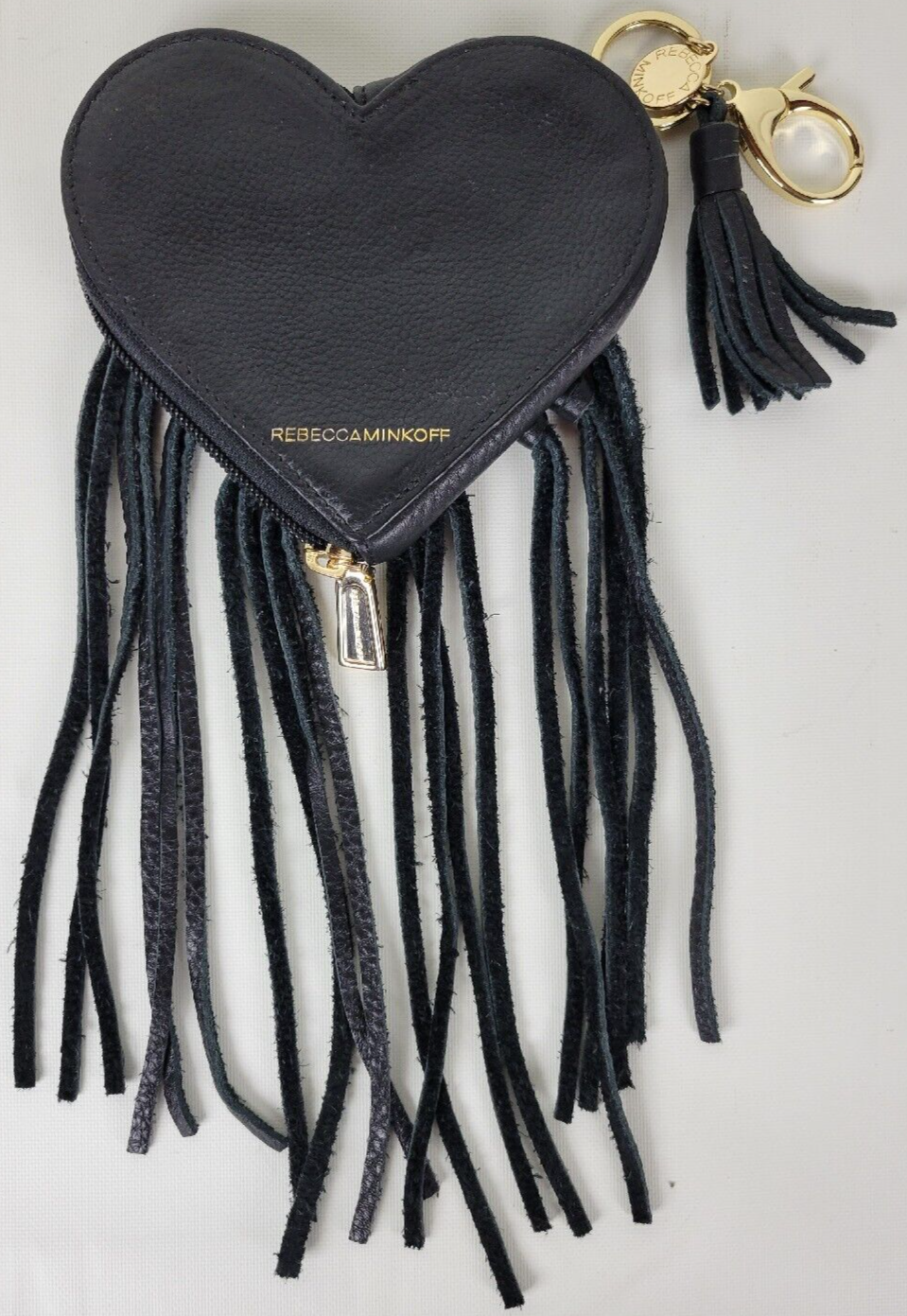 Primary image for Rebecca Minkoff Black Leather Heart Fringe Wallet Pouch Keychain
