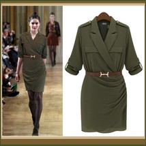 Double Breasted Big Lapel Sexy Military Style Sheath Suit Dress with Belt