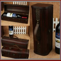 Old Country Wooden Wine Storage Carry Case with Leather Straps and Metal Clasps 