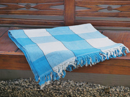 Hand Woven Cotton Throw Blanket in Blue and Beige Plaid - $49.96