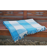 Hand Woven Cotton Throw Blanket in Blue and Beige Plaid - $49.96