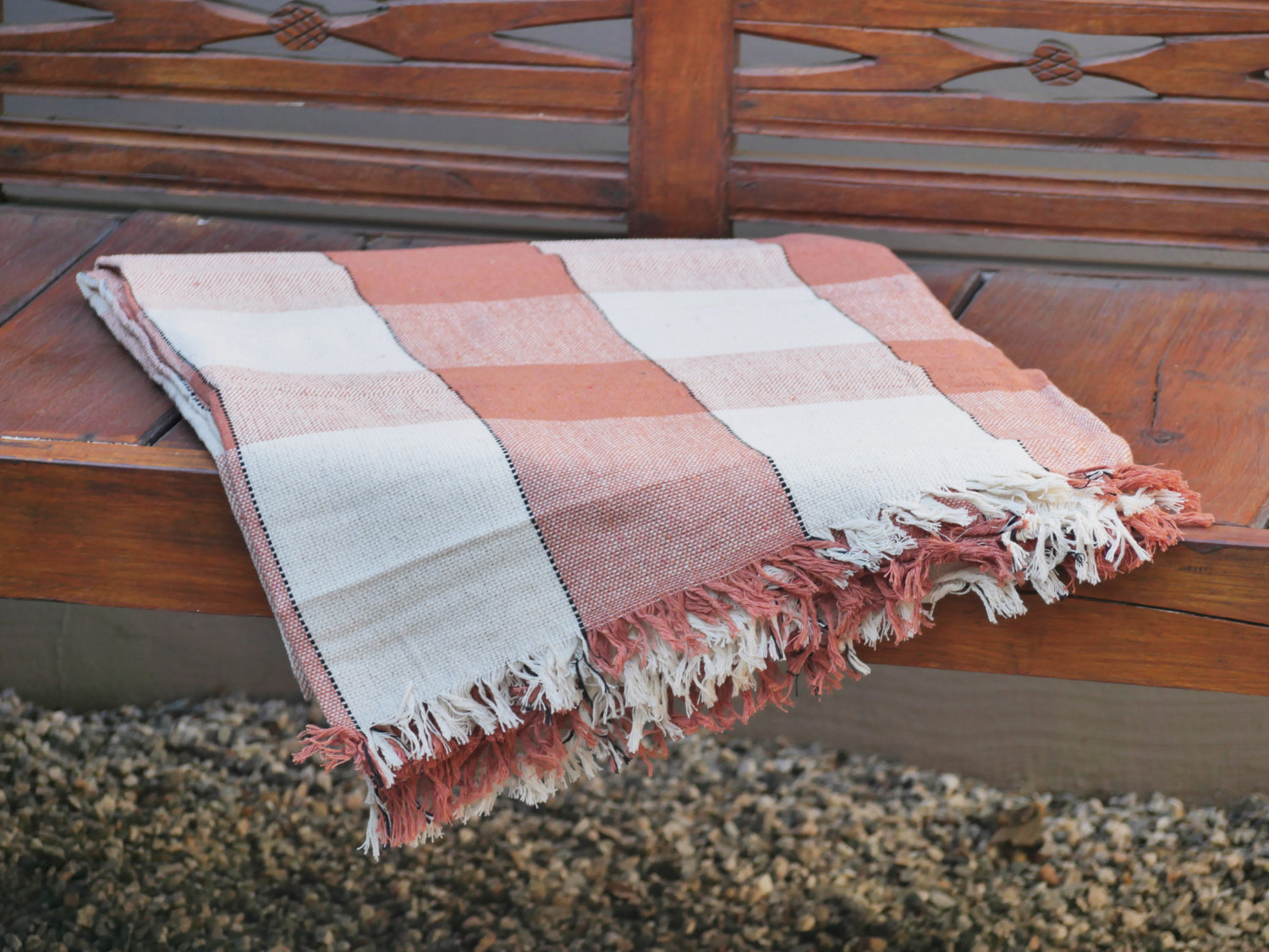 Hand Woven Cotton Throw Blanket in Orange and Beige Plaid - $49.60