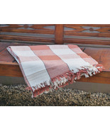 Hand Woven Cotton Throw Blanket in Orange and Beige Plaid - $49.60