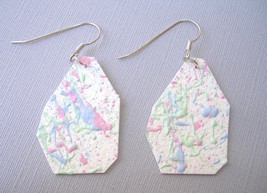 Spring Hand Painted Paper Earrings Handmade Pink Blue Green Pierced Dangle  - $27.00
