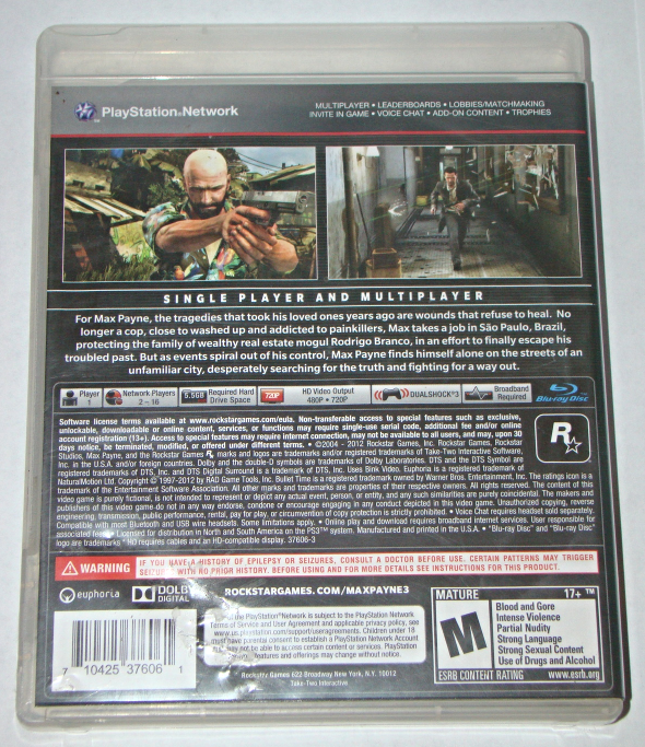 Playstation 3 - MAX PAYNE 3 (Complete with Manual) - Video Games