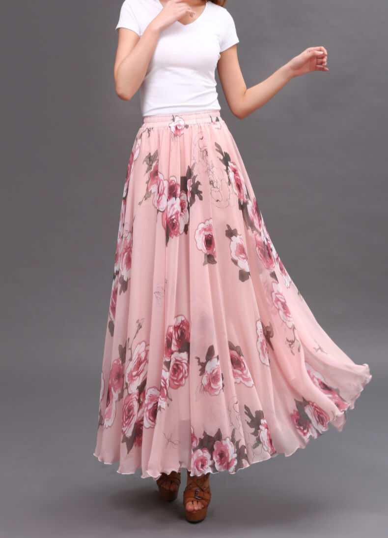 Women Pink FLORAL Chiffon Long Skirt A-line Flower Long Chiffon