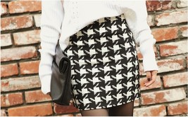 Classic Woven Houndstooth Checkered Black and White Plaid Mini Pencil Skirt image 1