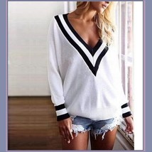   Loose Long Sleeved Knitted Pullover Stripe Edge Deep V Neckline White Sweater  image 1