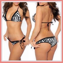 Classic Black and White Zebra Stripe Halter Bra and Bottoms Tie Bikini Swimsuit image 1