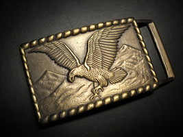 Eagle in Flight Over a Mountain Scene Belt Buckle Rectangle Brass Colored Metal - $14.99