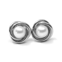 18K WHITE GOLD PEARL BUTTON EARRINGS, 11 MM, 0.43 INCHES, FLOWER BRAIDED... - $696.85