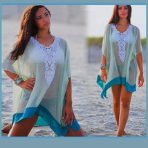 Lace Crochet Collar Pale Sea Green Chiffon Loose Sheer Beach Cover Up Tunic Top
