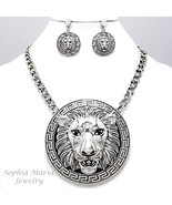 Bold statement lion pendant necklace set antiqued silver link celebrity style - $28.70