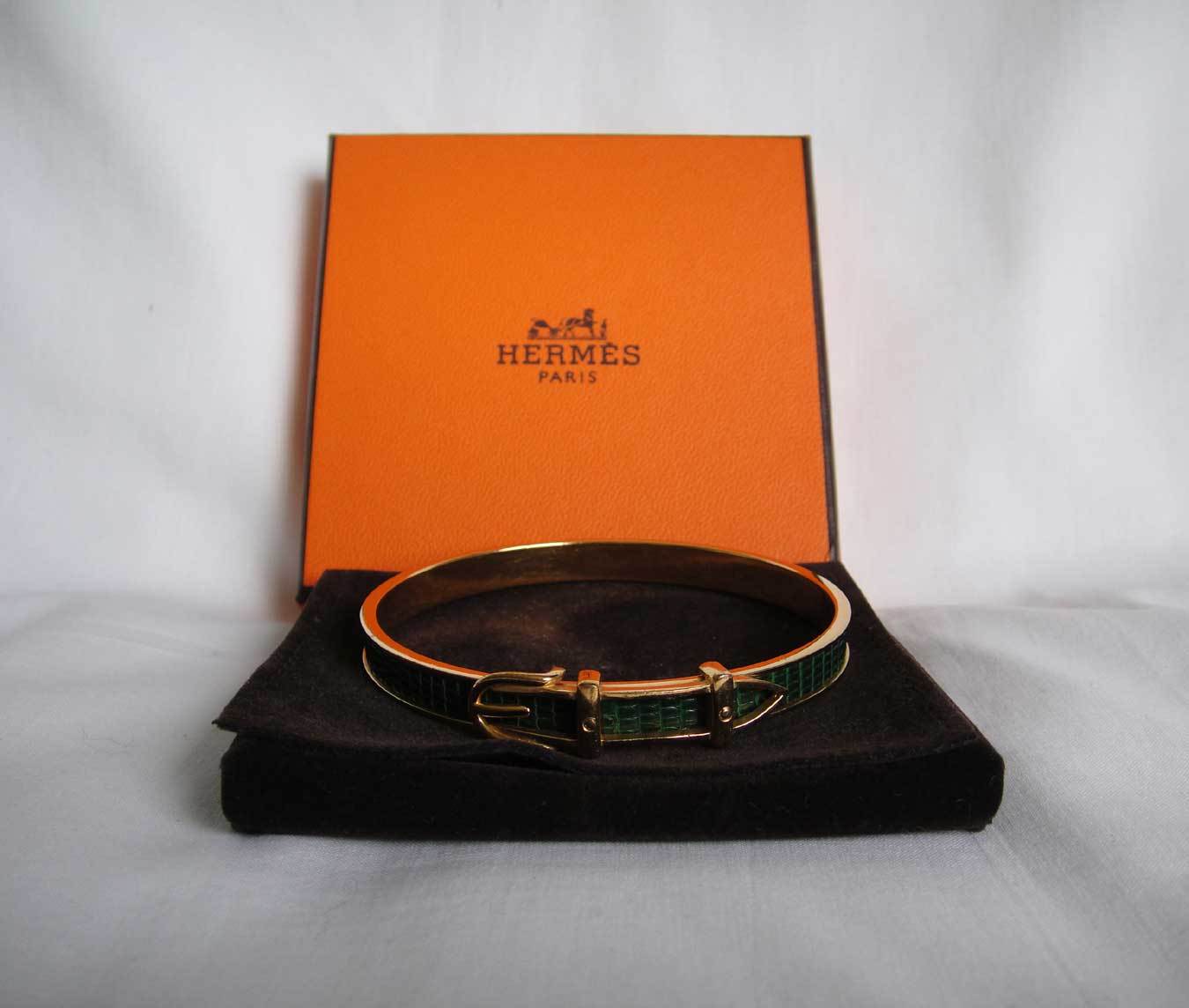 Primary image for AUTHENTIC Pre Owned Hermes green leather gold belt buckle Bangle
