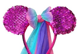 NEW Handmade Purple Sequin Sparkle Shimmer Butterfly Ear Headband w/ Veil Train image 1