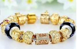 European Style Murano Glass Beads Gold Plated Charm Bracelets & Bangles Vintage - $29.99