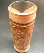 Mexico Tall Shot Glass Clear Glass Stamped Leather  Wrap Guitar Illustra... - $10.99