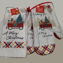 Holiday Kitchen Set, 3-pc, Oven Mitts Towel, Red, Wishing you a Merry Ch... - $14.99