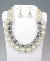Chunky Creme Pearls Hematite Crystals Drape Necklace Earrings Set Bridal - $20.89