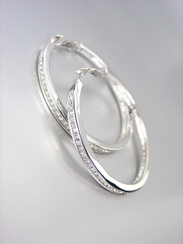 Primary image for CLASSIC 18kt White Gold Plated CZ Crystals 1 5/8" Diameter Hoop Earrings