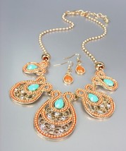 NEW Coral Beads Turquoise Crystals CZ Gold Filigree Necklace Earrings Set - $16.99