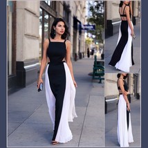 Summery Sleeveless Chiffon Black w/ White Sides Open Back Full length Maxi Dress